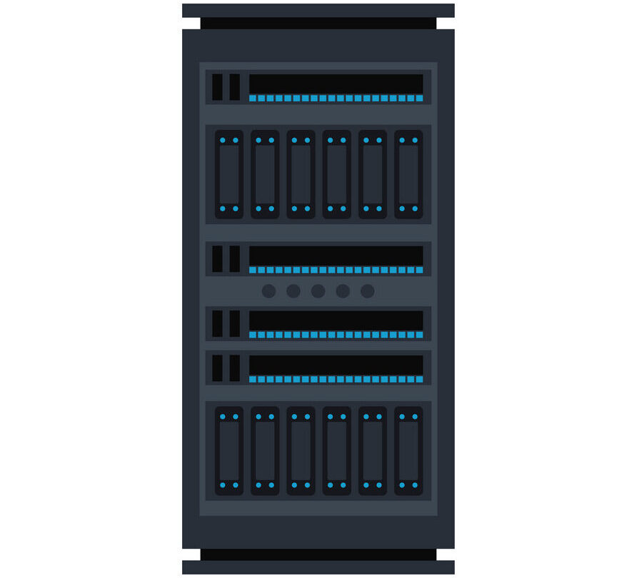 Vector server rack icon. Data warehouse, storage center hardware design element. Information technology hub. Database network equipment. Cloud computing host server.